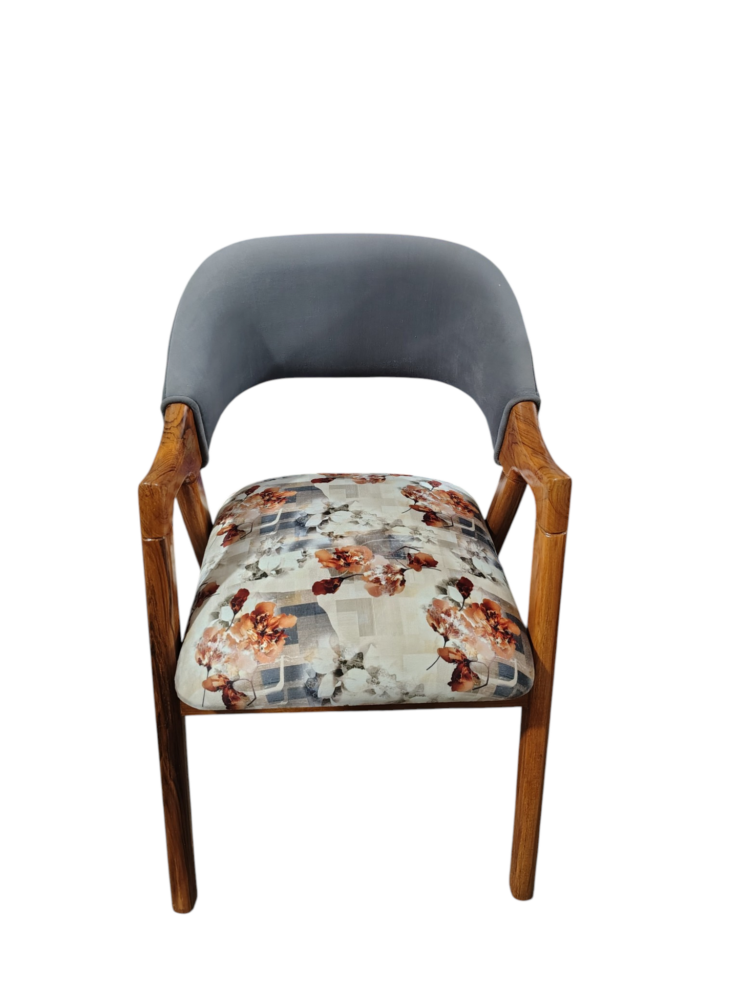 Elegant Teak Wood Living Room Chair with Floral Fabric Upholstery
