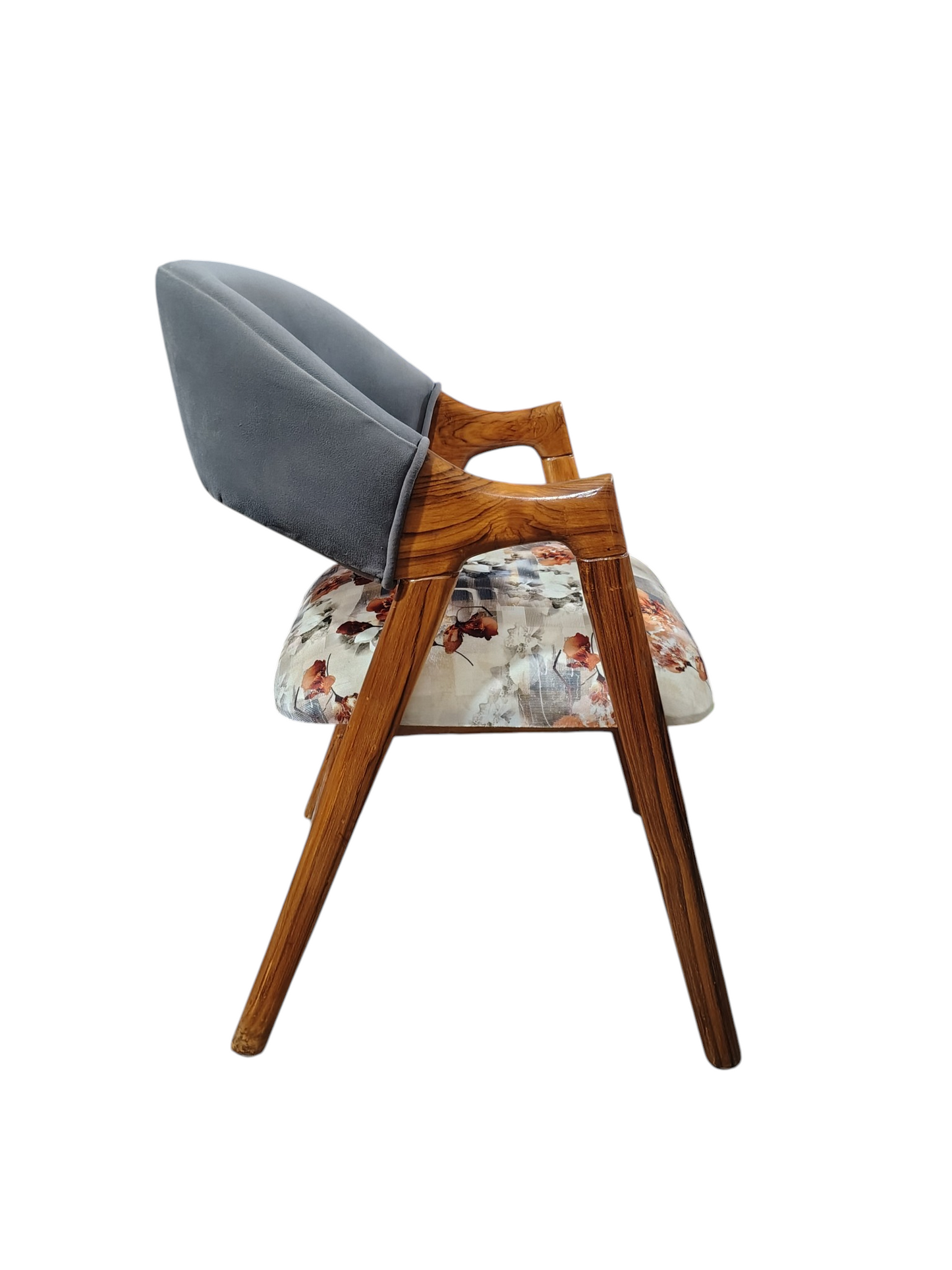 Elegant Teak Wood Living Room Chair with Floral Fabric Upholstery