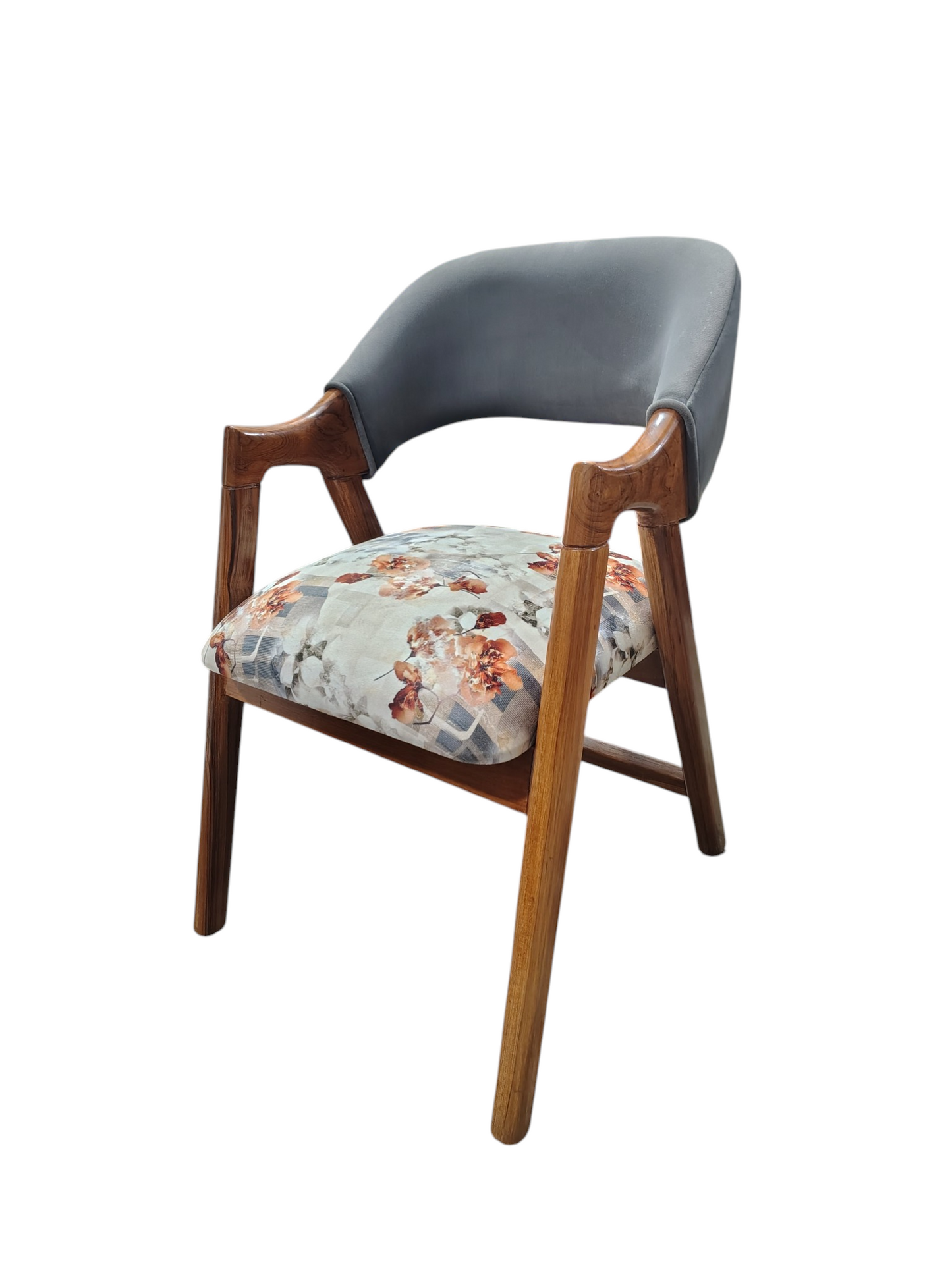 Elegant Teak Wood Living Room Chair with Floral Fabric Upholstery