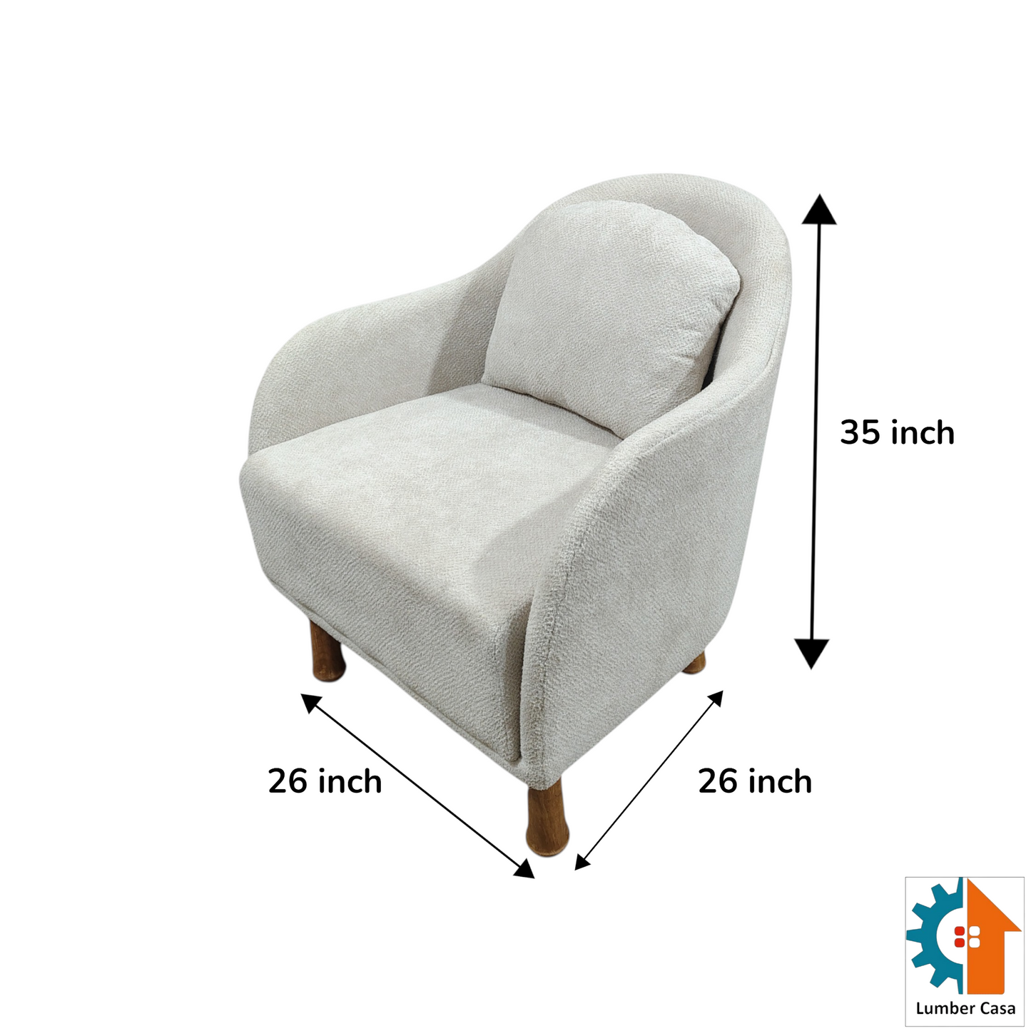 Lumber Casa Sofa Chair, Light Grey Boucle Fabric, with Lumbar Cushion, Wooden Legs, 26x26x35 Inch