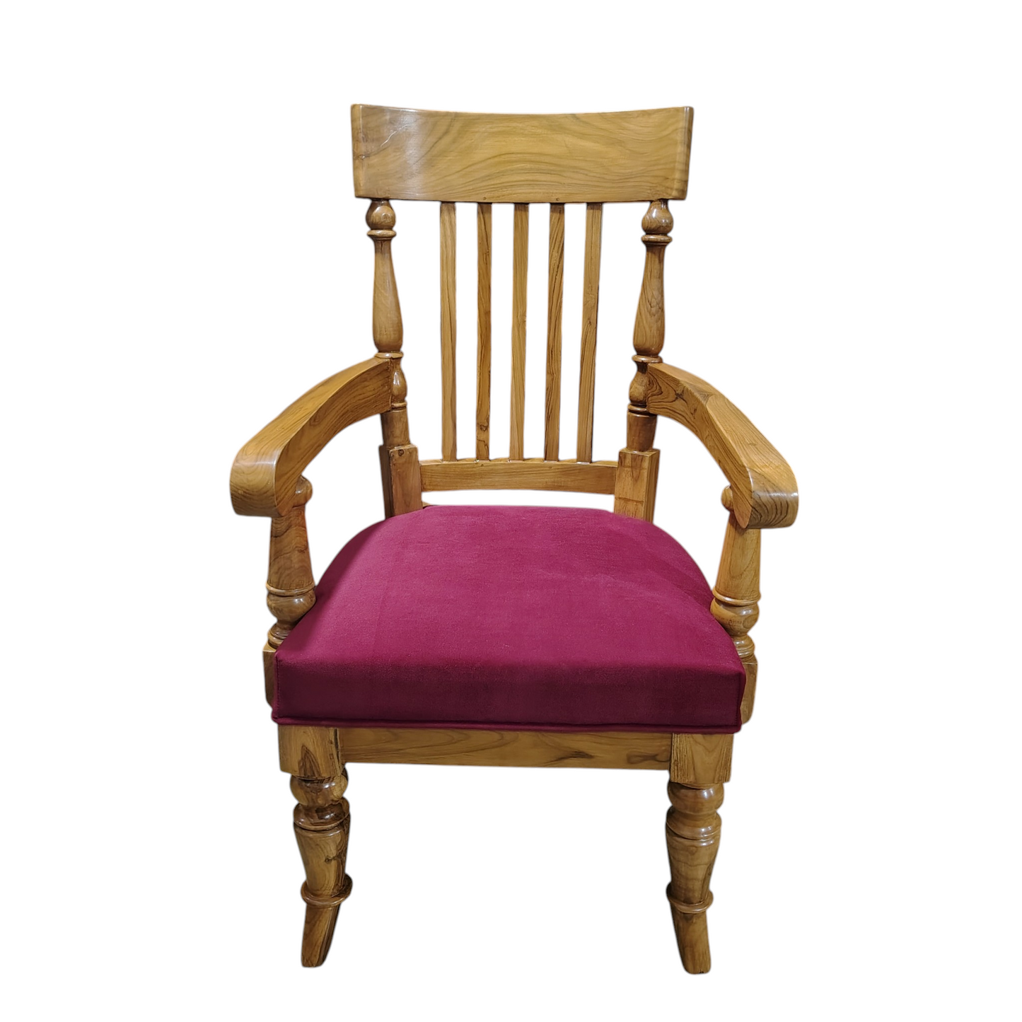LUMBER CASA Teak Wood Armchair with Ladder Back Design, Velvet Cushioned Seat, Living Room, Polished Finish, 61x66x84 cm