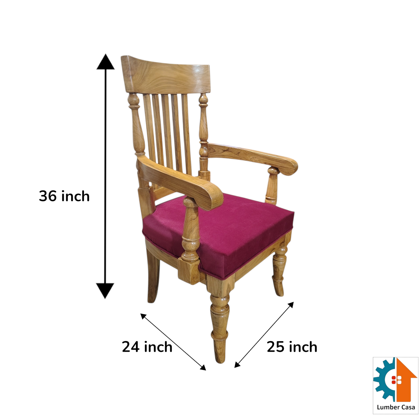 LUMBER CASA Teak Wood Armchair with Ladder Back Design, Velvet Cushioned Seat, Living Room, Polished Finish, 61x66x84 cm