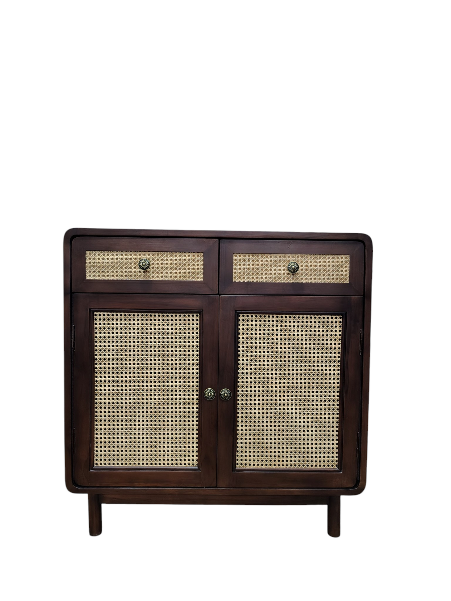 Classic dark brown wooden cabinet with woven rattan cane panel doors and drawers, complemented by antique brass-finish metal handles for a timeless look