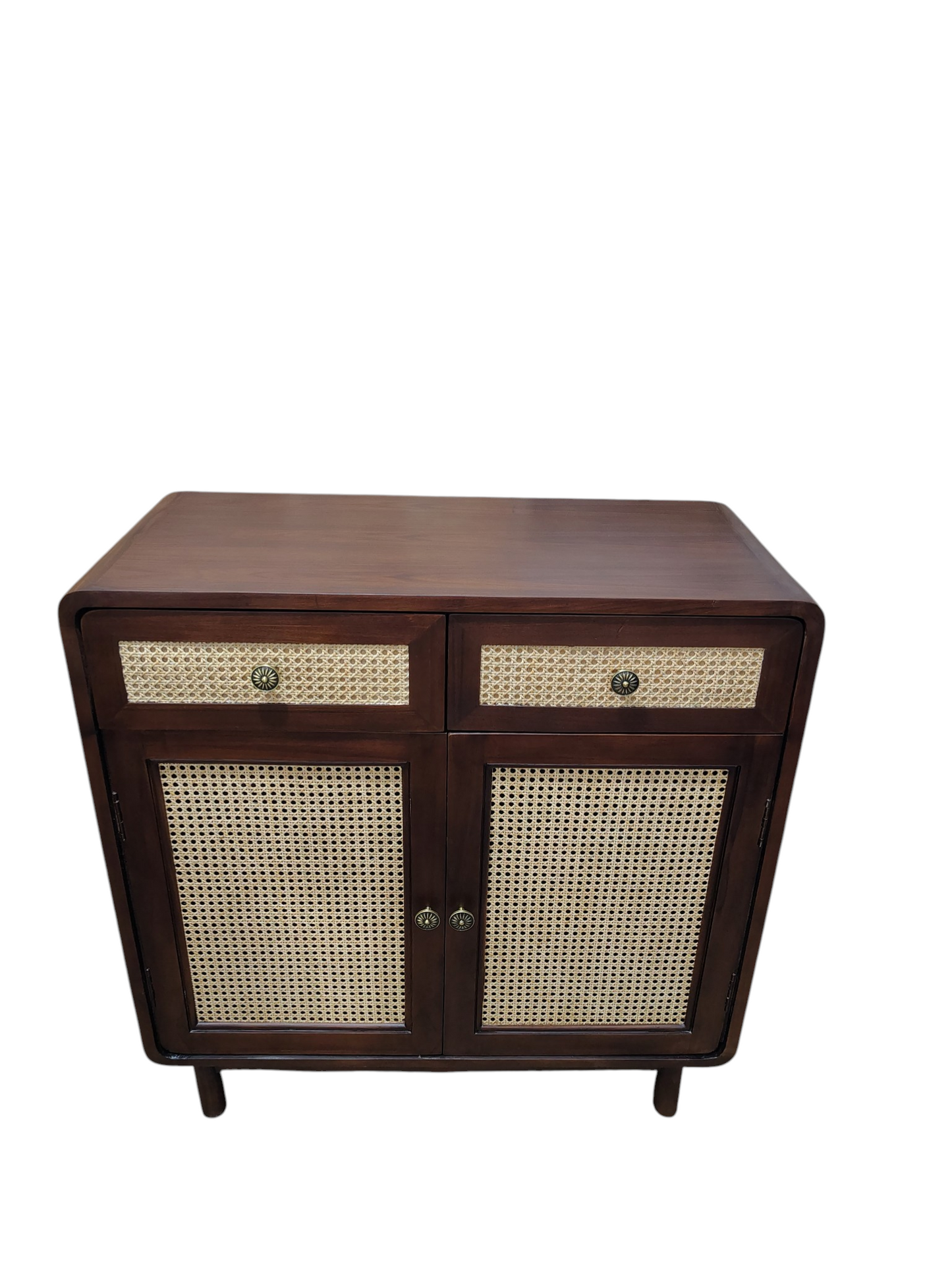 Classic dark brown wooden cabinet with woven rattan cane panel doors and drawers, complemented by antique brass-finish metal handles for a timeless look