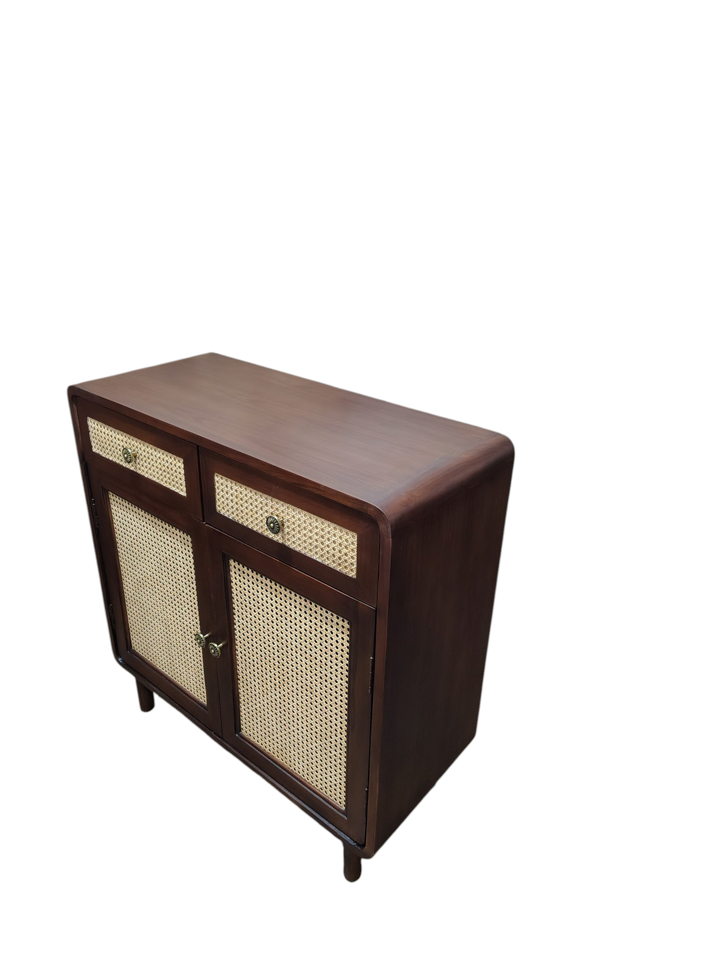 Classic dark brown wooden cabinet with woven rattan cane panel doors and drawers, complemented by antique brass-finish metal handles for a timeless look
