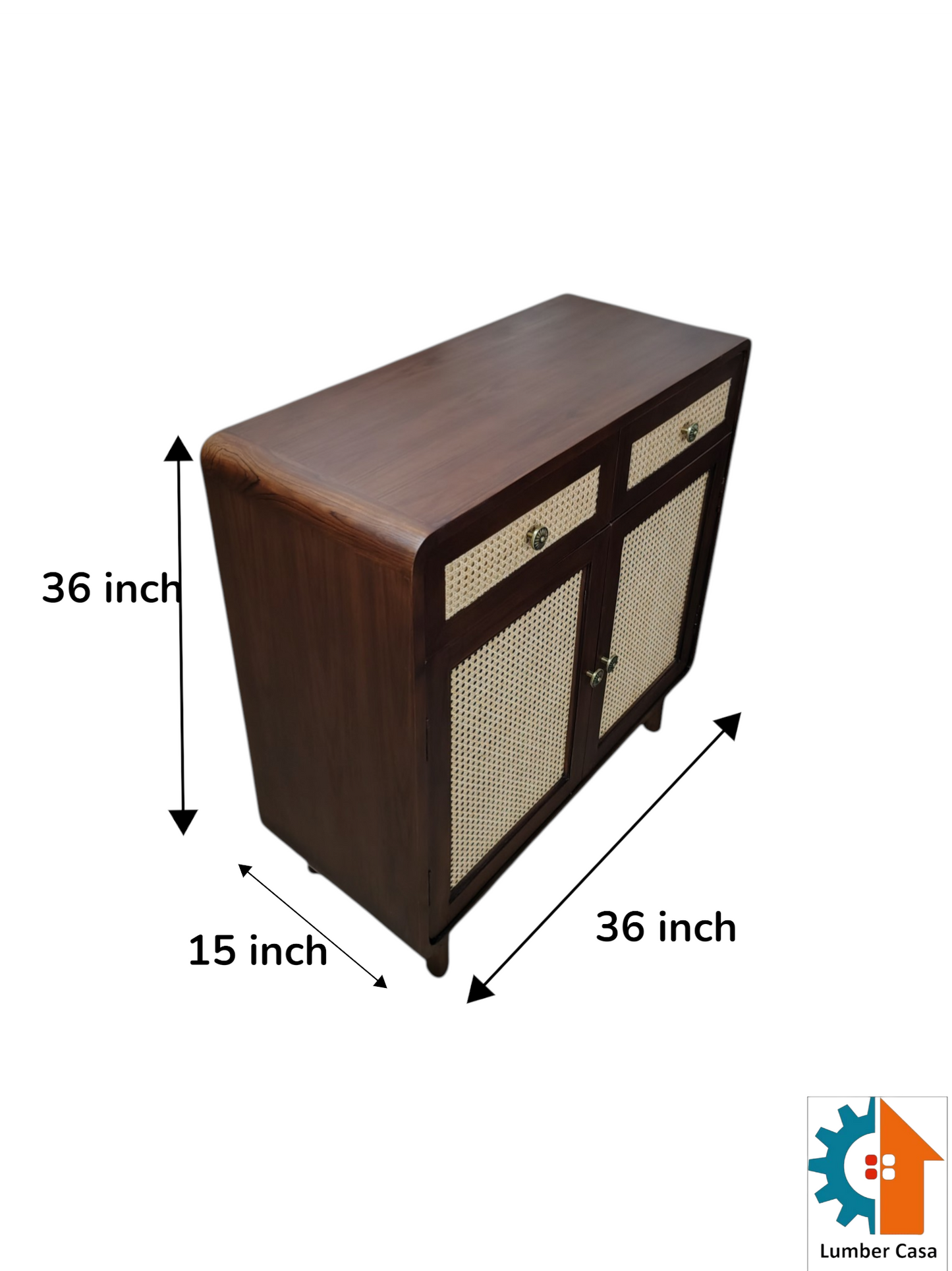 Classic dark brown wooden cabinet with woven rattan cane panel doors and drawers, complemented by antique brass-finish metal handles for a timeless look