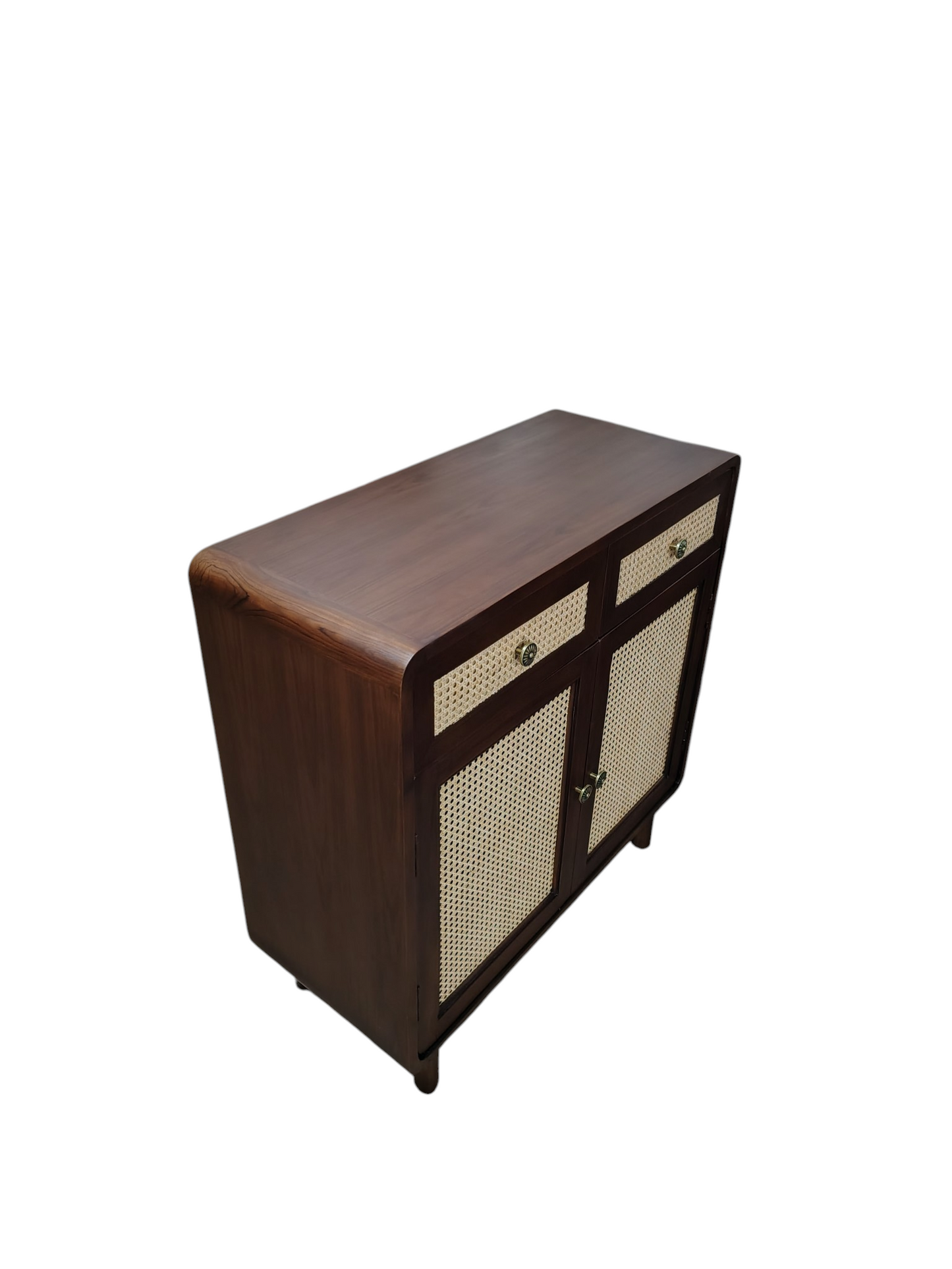 Classic dark brown wooden cabinet with woven rattan cane panel doors and drawers, complemented by antique brass-finish metal handles for a timeless look