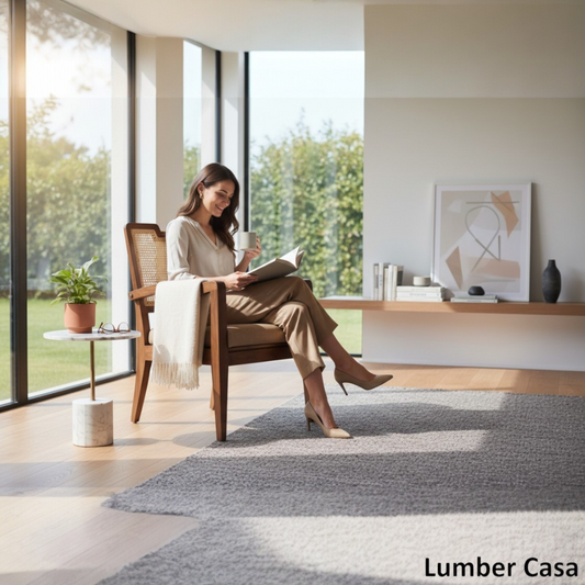 Lumber Casa Living Room Chair Solid teak Wood Frame with Cane Back and Upholstered Seat Mid-Century