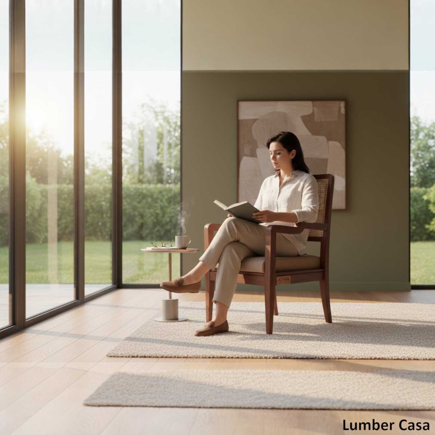 Lumber Casa Living Room Chair Solid teak Wood Frame with Cane Back and Upholstered Seat Mid-Century