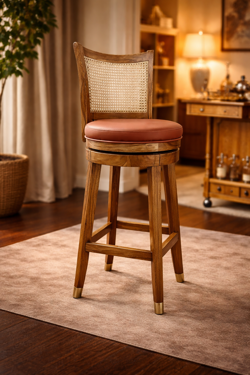 Teak Wood Bar Chair with Rattan Back, premium Design, Natural Melamine polish with premium semi matt Finish, with Cushioned Seat, Traditional Style Brand LUMBER CASA
