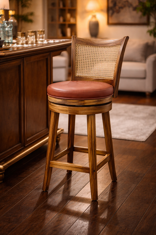 Teak Wood Bar Chair with Rattan Back, premium Design, Natural Melamine polish with premium semi matt Finish, with Cushioned Seat, Traditional Style Brand LUMBER CASA