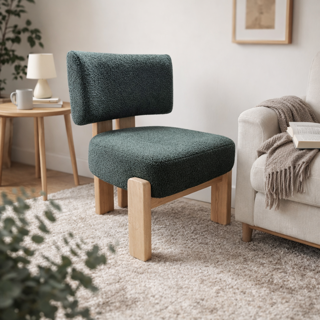 Premium Rubber Wood Living Room Chair by Lumber Casa, Natural Teak Semi-Matt Melamine Finish, High-Density Foam Upholstered Comfortable Designer Seating