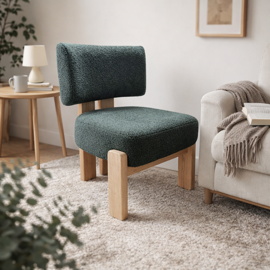 Premium Rubber Wood Living Room Chair by Lumber Casa, Natural Teak Semi-Matt Melamine Finish, High-Density Foam Upholstered Comfortable Designer Seating