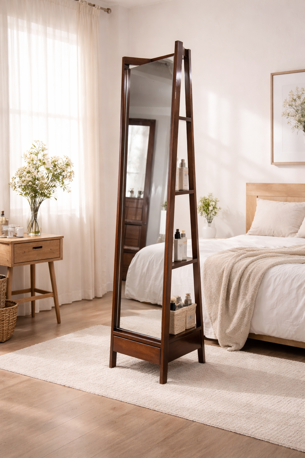 Full Length Standing Mirror with Storage Shelves,Teak Wood Frame, Dark Brown, 4-Tier Display Unit, pre Assembled