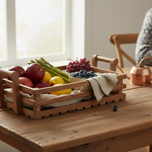 Lumber Casa Wooden Fruit and Bread Storage Tray with Handles, 22x15x8 Inch, Slatted Design