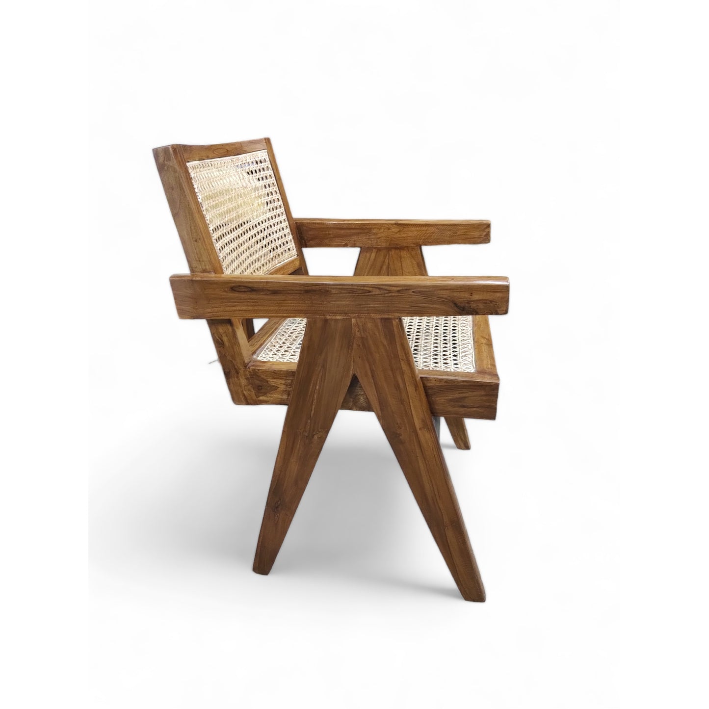 Teak Wood Armchair with Natural Rattan CANE Mid-Century Modern Living Room Solid Wood Living Room Chair (Finish Color - LIGHT WALNUT, Pre-assembled)