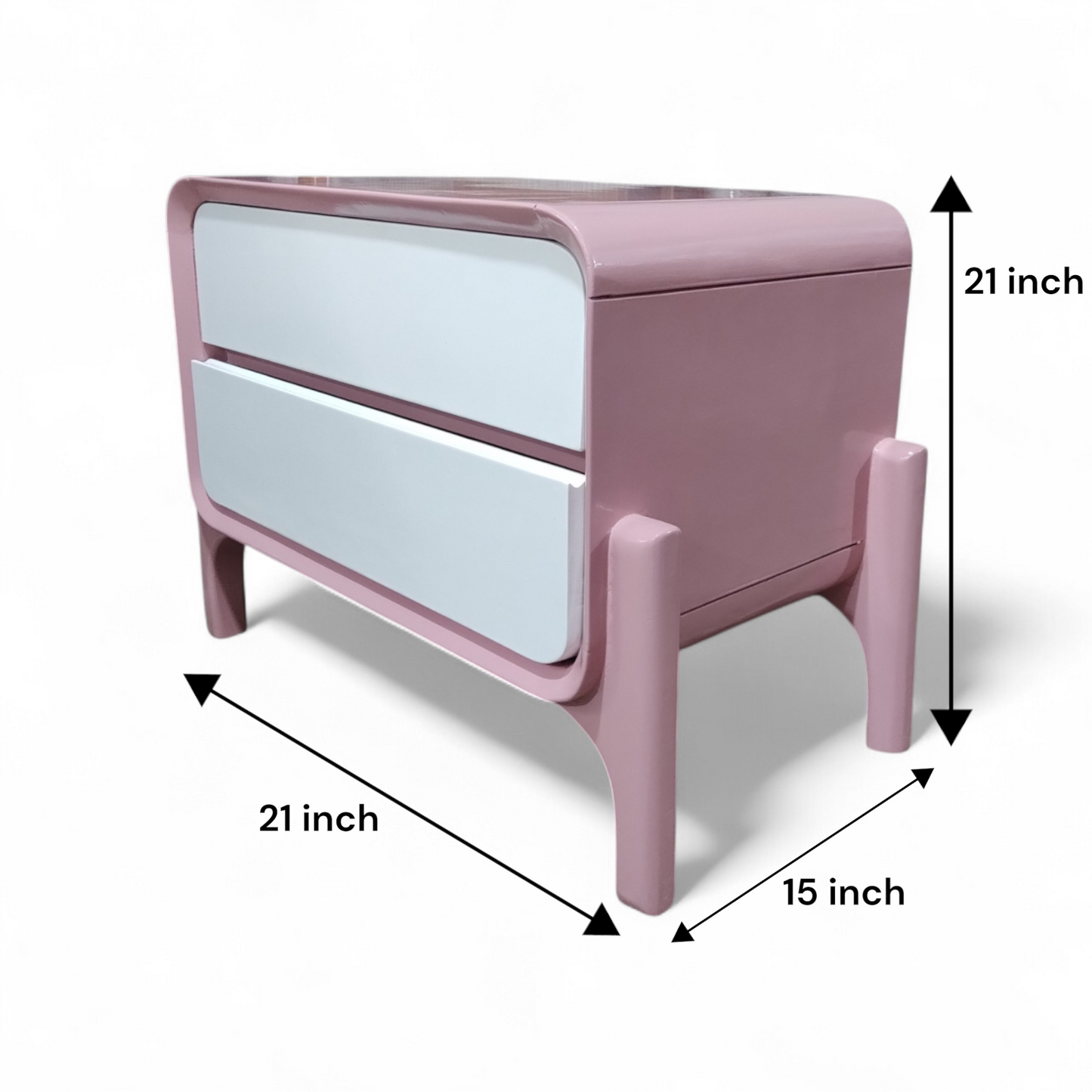 Modern Dual-Tone Pink and White Teak Wood Two-Drawer Bedside Table with Mid-Century Curved Legs