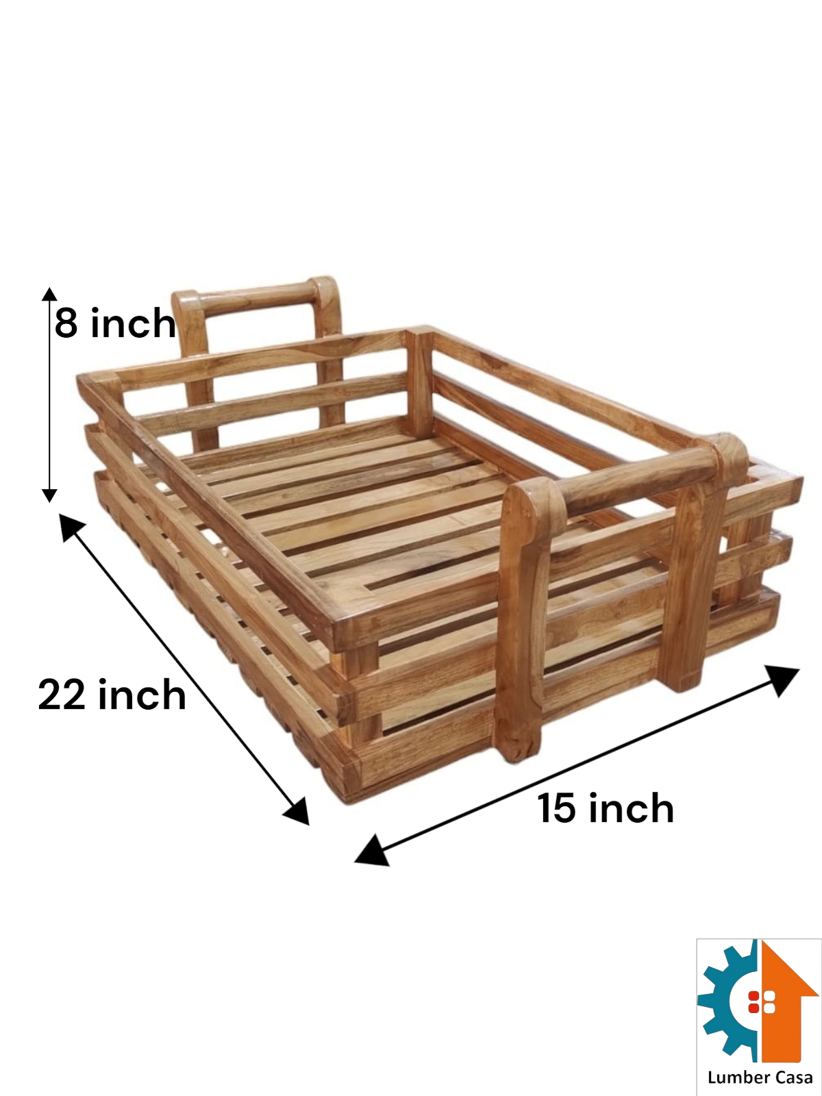 Lumber Casa Wooden Fruit and Bread Storage Tray with Handles, 22x15x8 Inch, Slatted Design