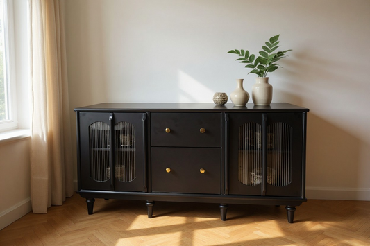 Premium Dark Walnut Teak Wood & Fluted Glass Storage Cabinet | Matt Finish Luxury Credenza with Teak Veneer Solid Wood Free Standing Cabinet (Finish Color - dark walnut, Door Type- Folding, Pre-assembled)