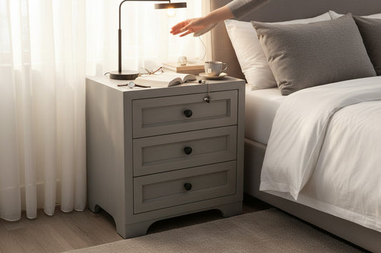 Premium Solid Teak Wood 3-Drawer Chest in Rustic Grey Matt Finish – Contemporary Bedside Storage for Living and Bedroom