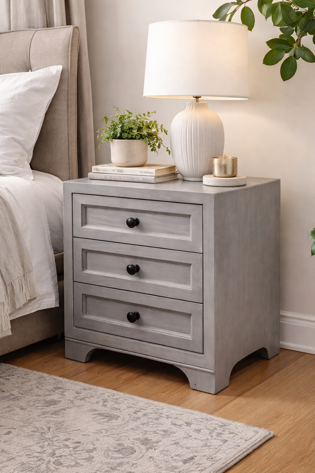 Premium Solid Teak Wood 3-Drawer Chest in Rustic Grey Matt Finish – Contemporary Bedside Storage for Living and Bedroom
