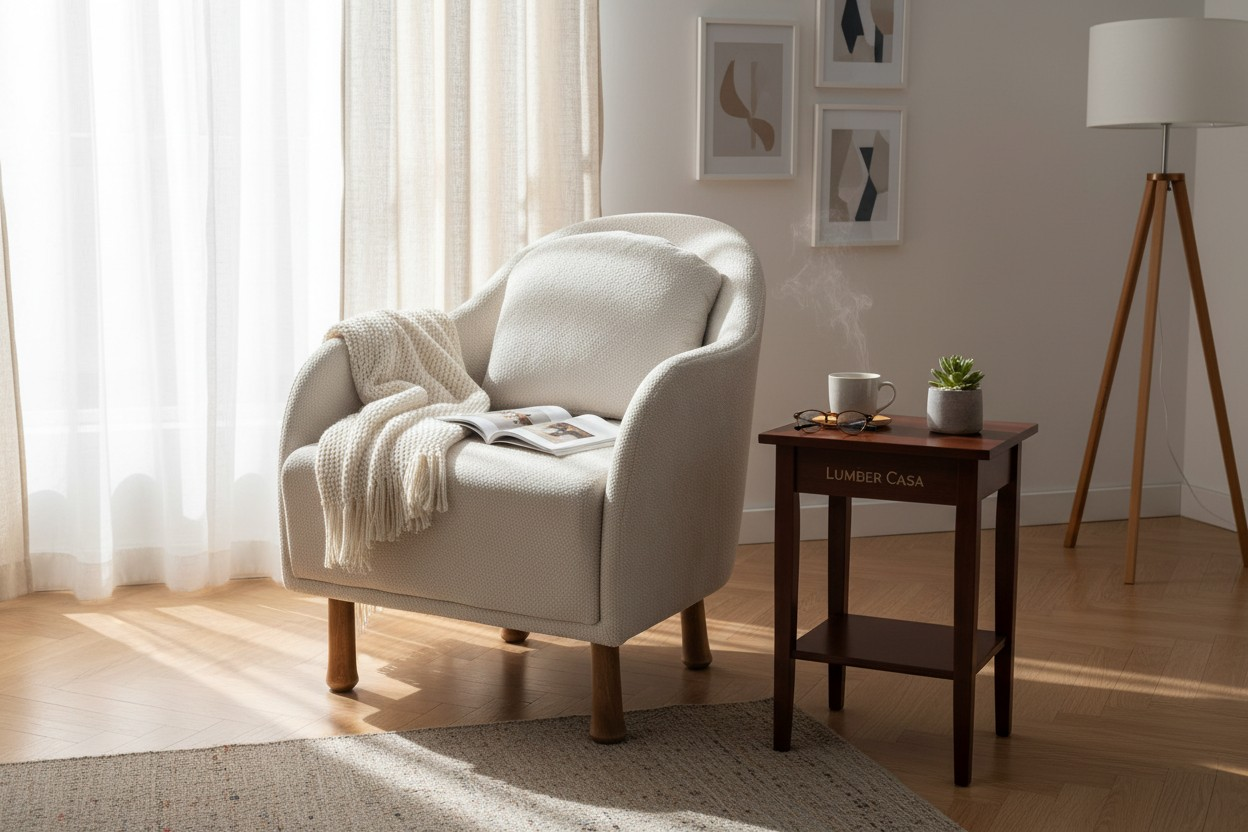 Lumber Casa Sofa Chair, Light Grey Boucle Fabric, with Lumbar Cushion, Wooden Legs, 26x26x35 Inch