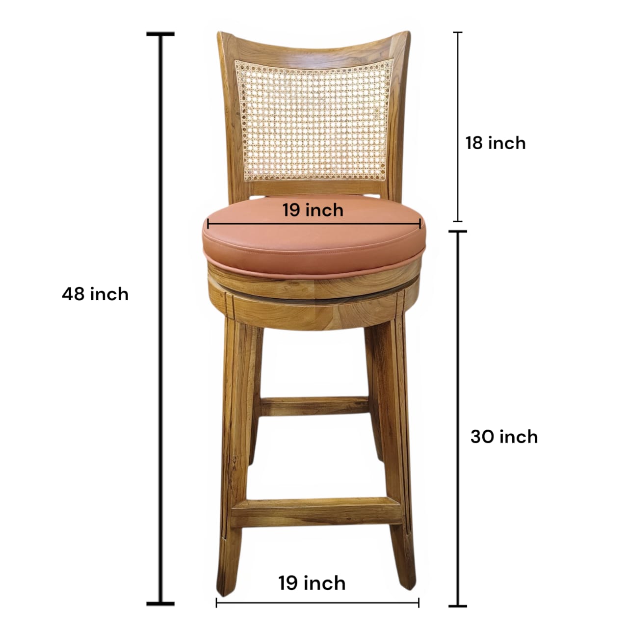 Teak Wood Bar Chair with Rattan Back, premium Design, Natural Melamine polish with premium semi matt Finish, with Cushioned Seat, Traditional Style Brand LUMBER CASA