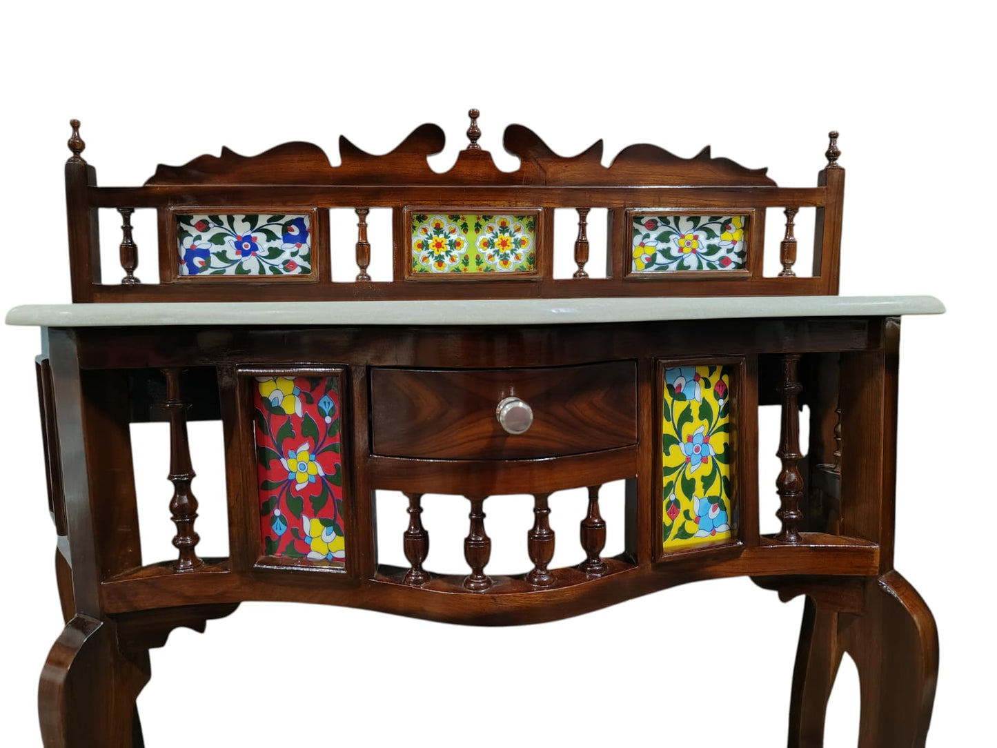 Lumber Casa Console Table with Marble Top, Colorful Floral Tile Inlay, Wooden, 91x38x91 cm