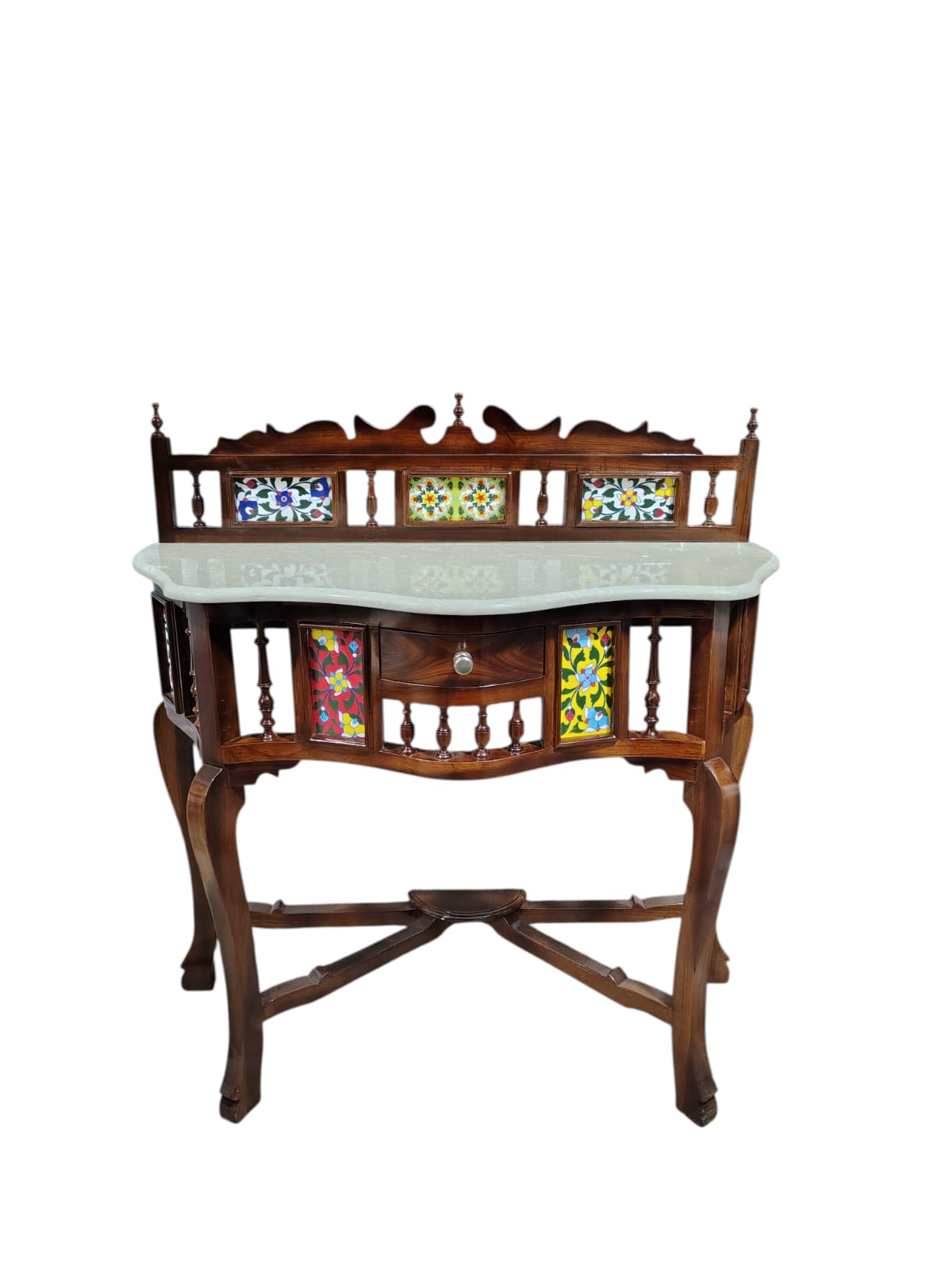 Lumber Casa Console Table with Marble Top, Colorful Floral Tile Inlay, Wooden, 91x38x91 cm
