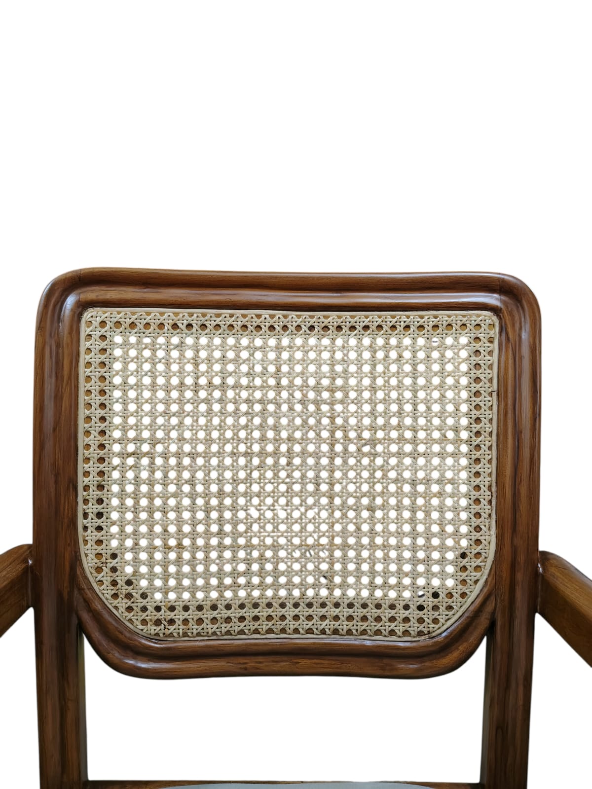 teak wood living room chair Features a woven cane backrest set in a beautifully crafted teak wood frame, blending traditional and contemporary styles.
