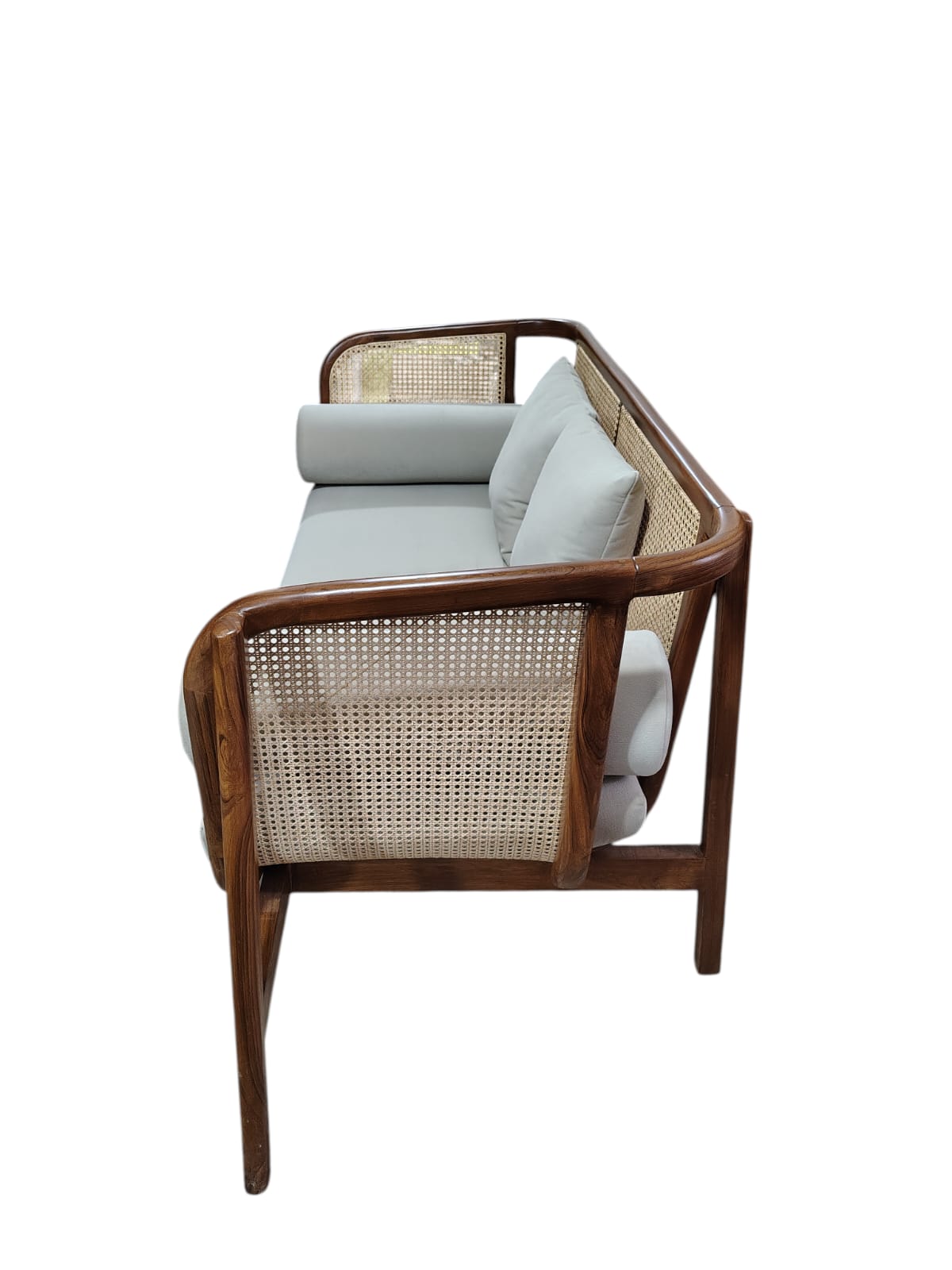 Lumber Casa Wooden Sofa with Rattan Cane Backrest, Bohemian Style, 152x71x76 cm