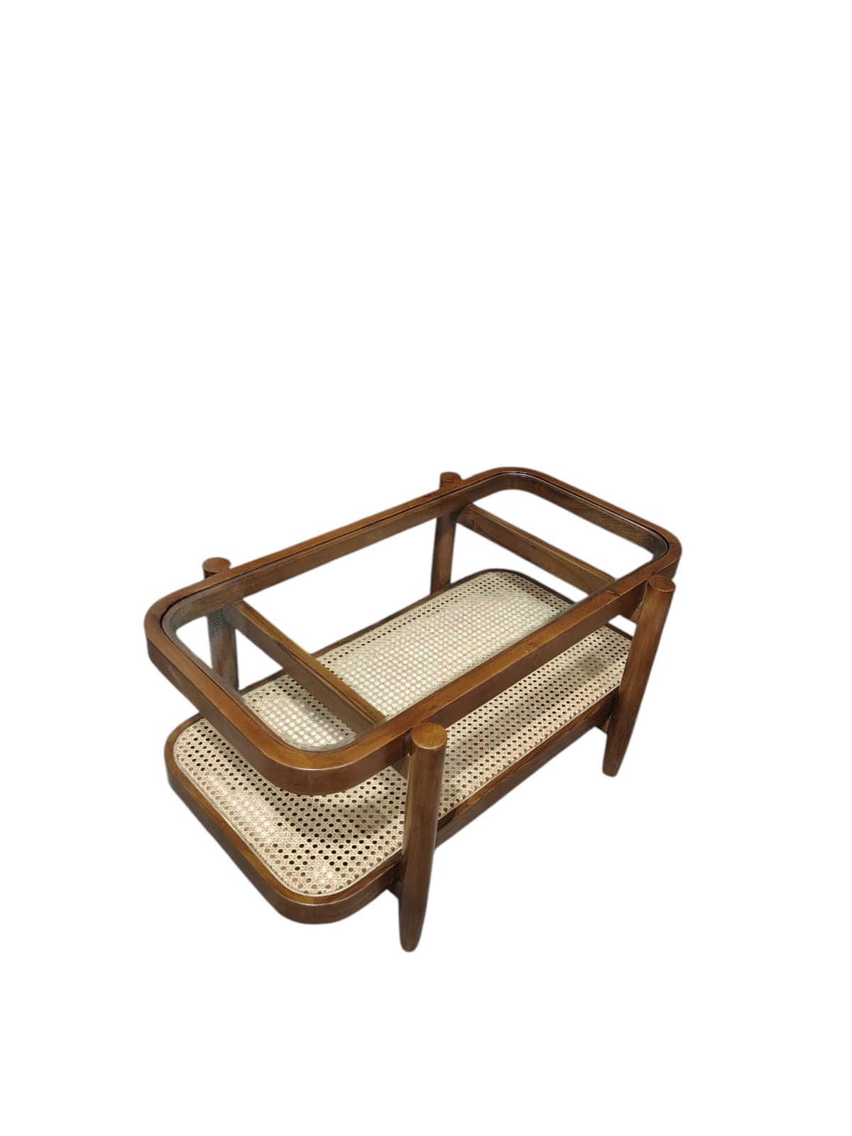 The glass top surface and lower cane woven shelf provide ample space for display and storage in your living room