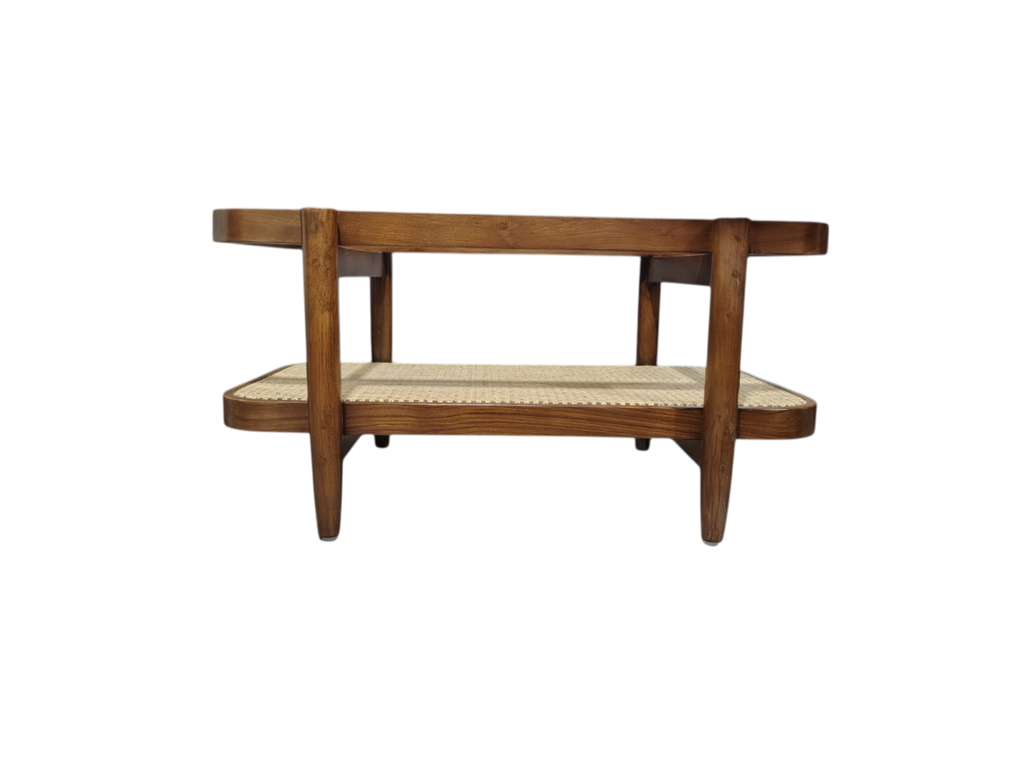 The glass top surface and lower cane woven shelf provide ample space for display and storage in your living room