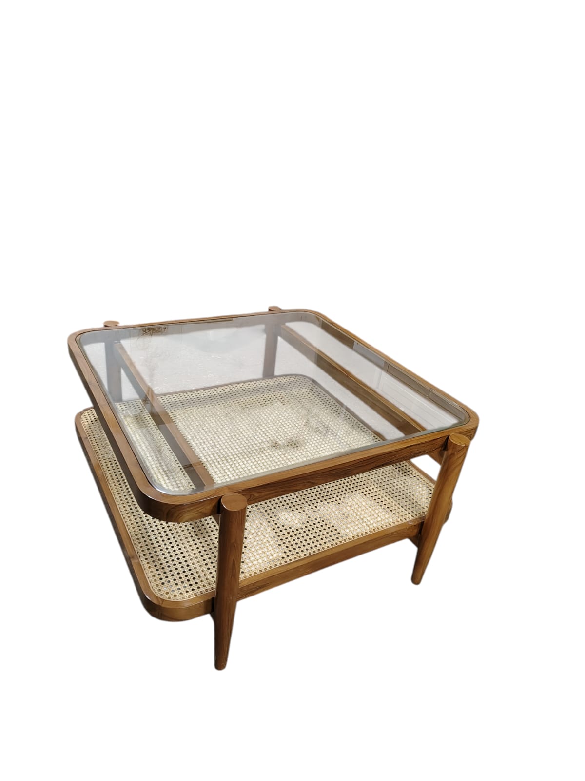 Lumber Casa Coffee Table with GlasS Wood Frame, 36x36x18 Inch, 2-Tier