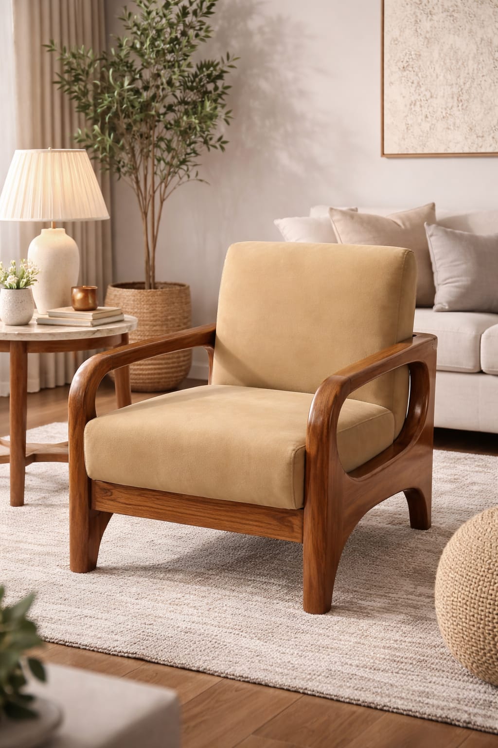 Lumber Casa Wooden Sofa Chair with Cushioned Seat and Back, Beige Upholstery, 27x28x30 Inch
