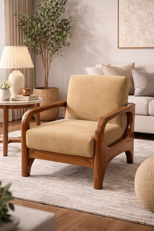 Lumber Casa Wooden Sofa Chair with Cushioned Seat and Back, Beige Upholstery, 27x28x30 Inch