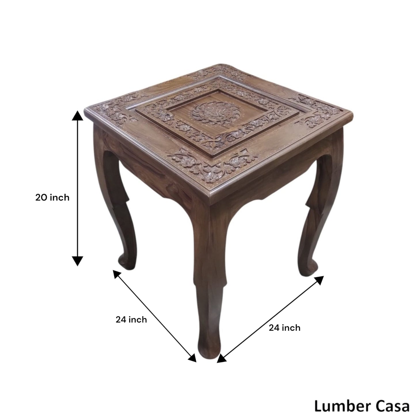 Lumber Casa Hand-Carved Wooden Side Table, Floral Mandala Design Solid Wood Side Table (Finish Color - mahogany colour, Pre-assembled)