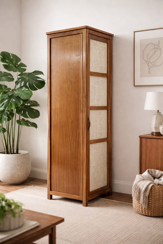 Lumber Casa Solid Wood Single Door Storage Cabinet with Rattan Cane Panels Solid Wood Free Standing Cabinet (Finish Color - natural teak colour, Door Type- Hinged, Pre-assembled)