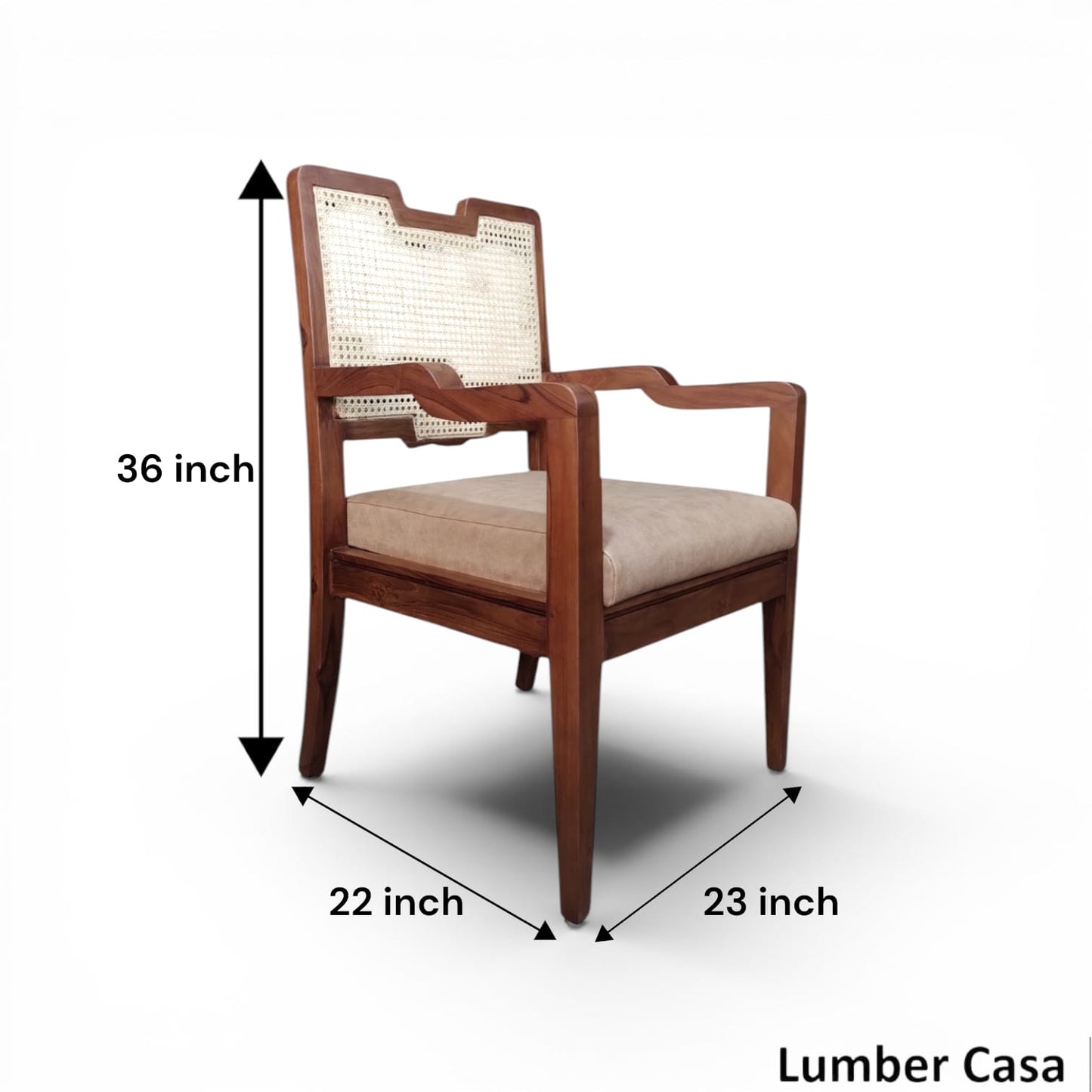 Lumber Casa Living Room Chair Solid teak Wood Frame with Cane Back and Upholstered Seat Mid-Century