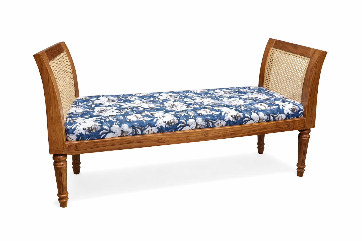 Handcrafted Teak Wood & Rattan Cane Bench with Floral Upholstery Fabric 2 Seater Sofa (Finish Color - TEAK COLOUR, Pre-assembled)