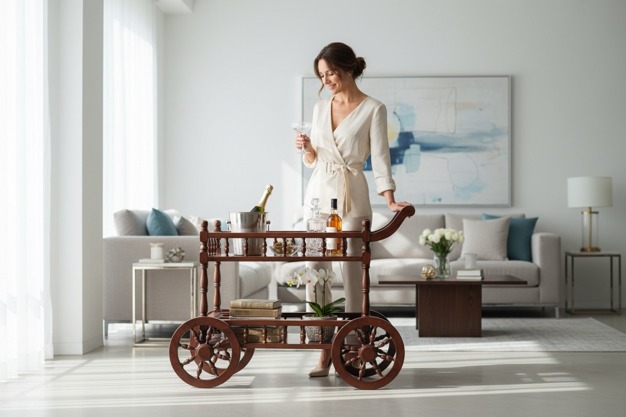 Lumber Casa Wooden Bar Trolley with 2 Tiers, Decorative Wheel Design, 32x16x30 Inch
