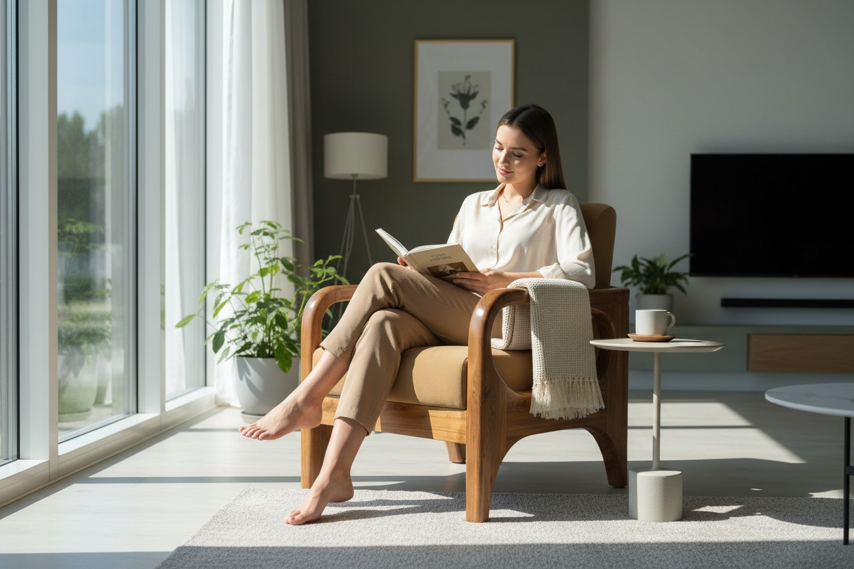 Lumber Casa Wooden Sofa Chair with Cushioned Seat and Back, Beige Upholstery, 27x28x30 Inch