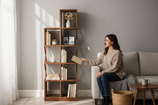 Lumber Casa Wooden Book Shelf, Walnut Brown, Open Cube Bookcase, 170 x 61 x 25 cm