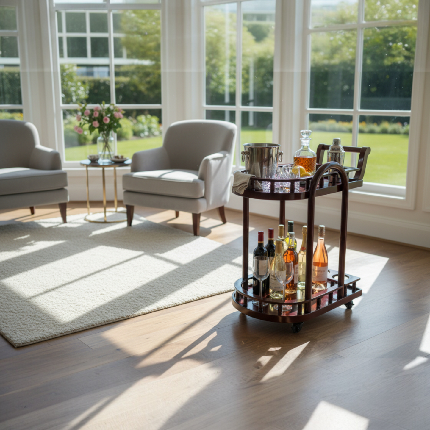 Bar Trolley with Wheels Sophisticated two-tier silhouette with curved architectural details adds a classic yet stylish statement to your entertaining space.
