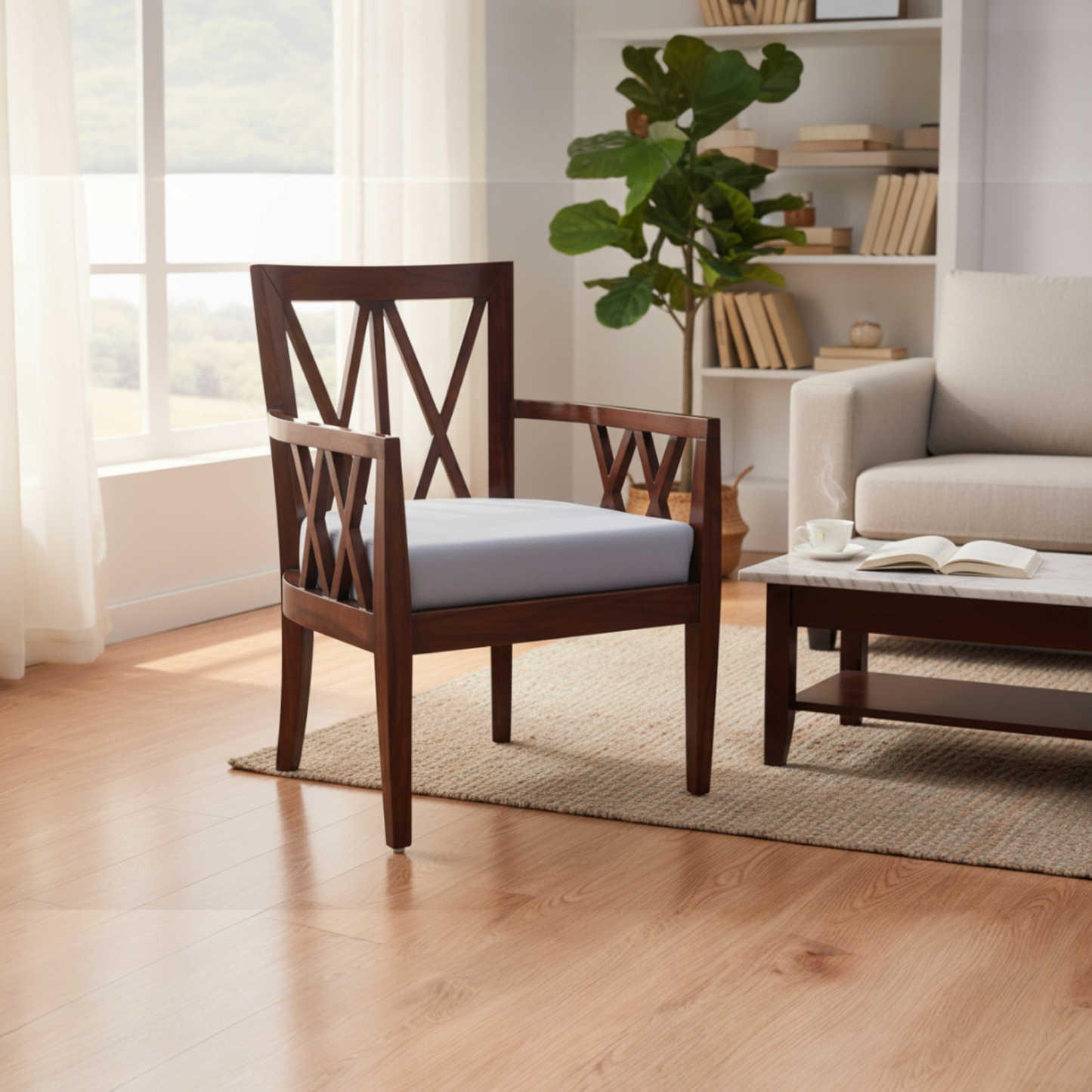 lUMBER CASA PREMINM QUALITY TEAK WOOD SOLID WOOD LIVING ROOM CHAIR (Finish Color - Walnut GLOSSY (Antique finish), Pre-assembled)