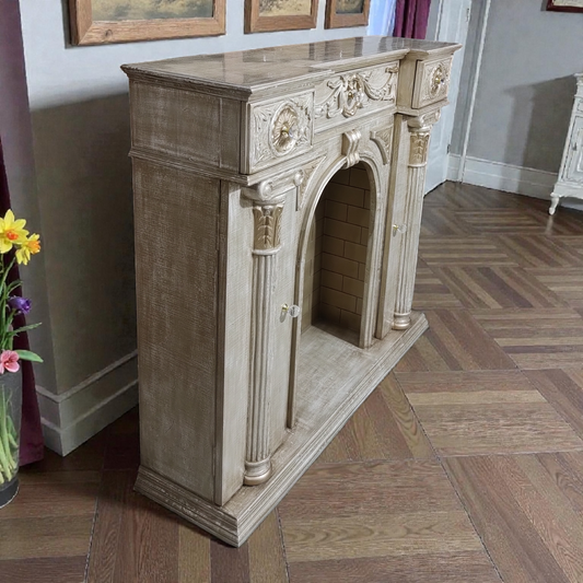 Premium Antique Golden Wooden Fireplace Mantel | Vintage Classic Design with 3 Storage Drawers & 2 Side Doors | Handcrafted Solid Wood Console with semi matt Finish & Decorative Furniture