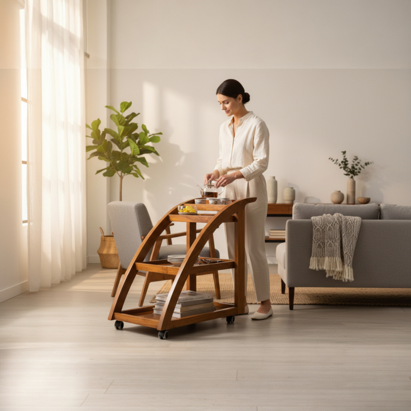 lumber casa Solid Wood Bar Trolley (Finish Color - teak glossy, Pre-assembled)
