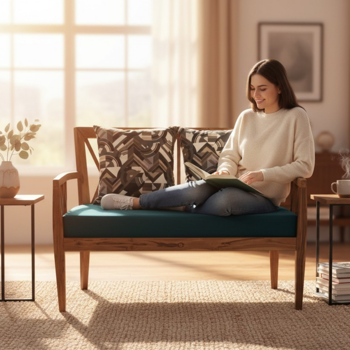 Lumber Casa Wooden Sofa Loveseat with Teal Cushion, Cross-Back Design, 44x22x33 Inch