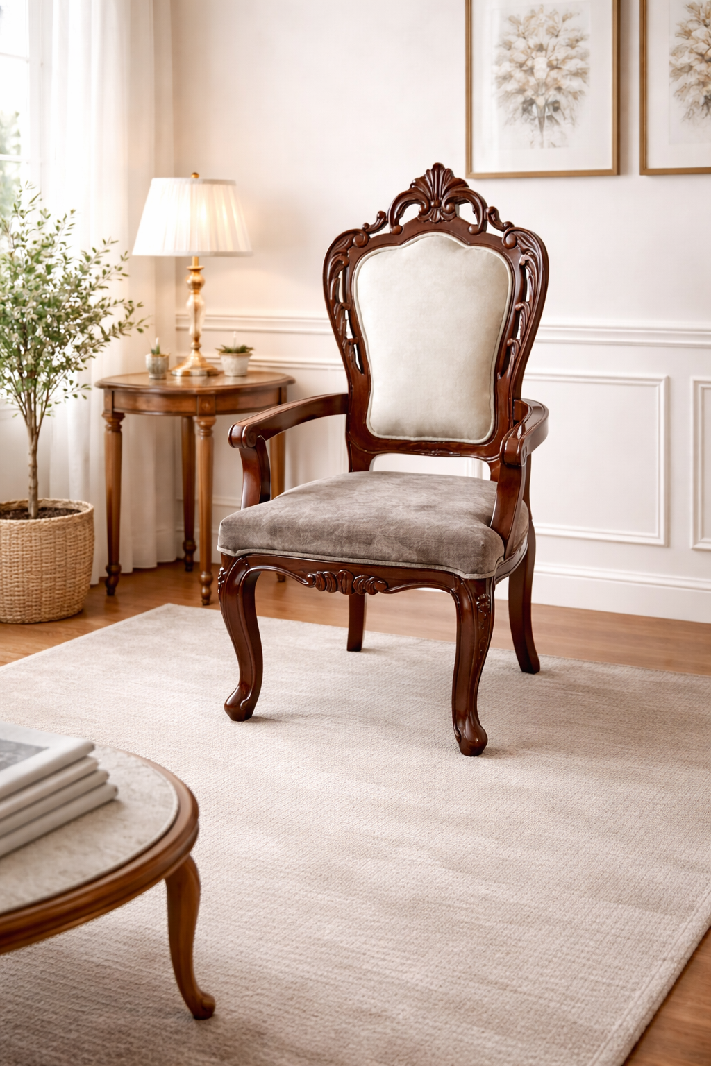 Lumber Casa Victorian Style Living Room Armchair, Walnut Wood Frame with Grey Velvet Upholstery
