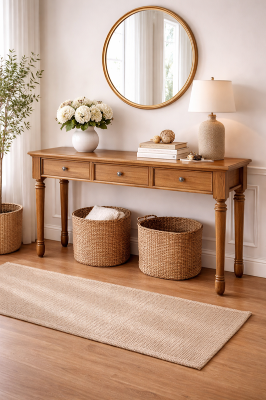 Premium Solid Teak Wood Console Table with 3 Drawers Solid Wood Dressing Table (Finish Color - , light walnut, Pre-assembled)